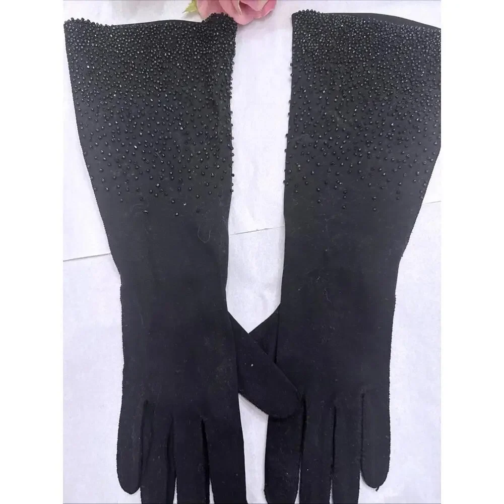 Vintage Black Leather Gloves Womens 6.5 Black Long Opera Glass Beaded Fancy